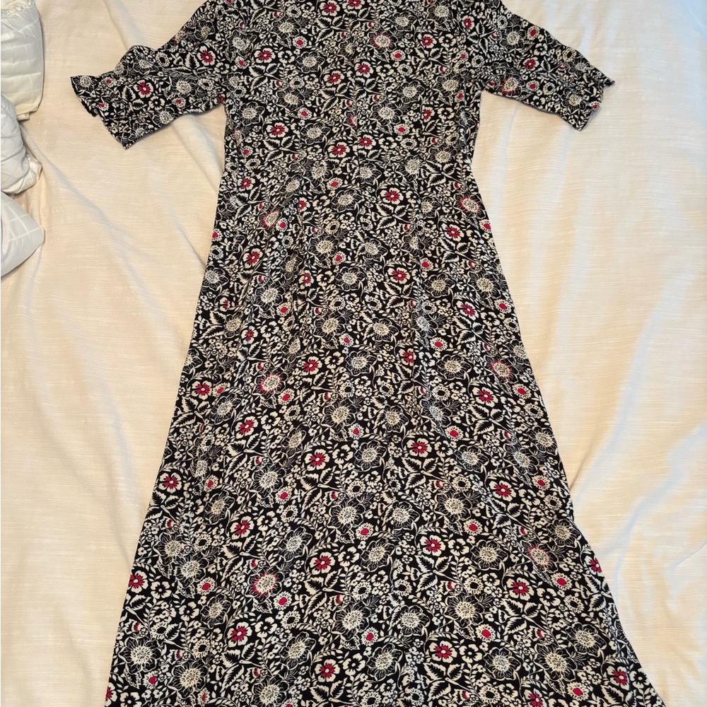 LOFT Black Maxi Dress with Red & White Floral Motif